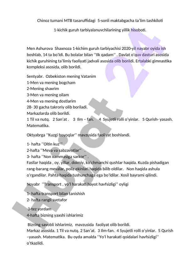 Yillik hisobot: maktabgacha ta’lim faoliyati