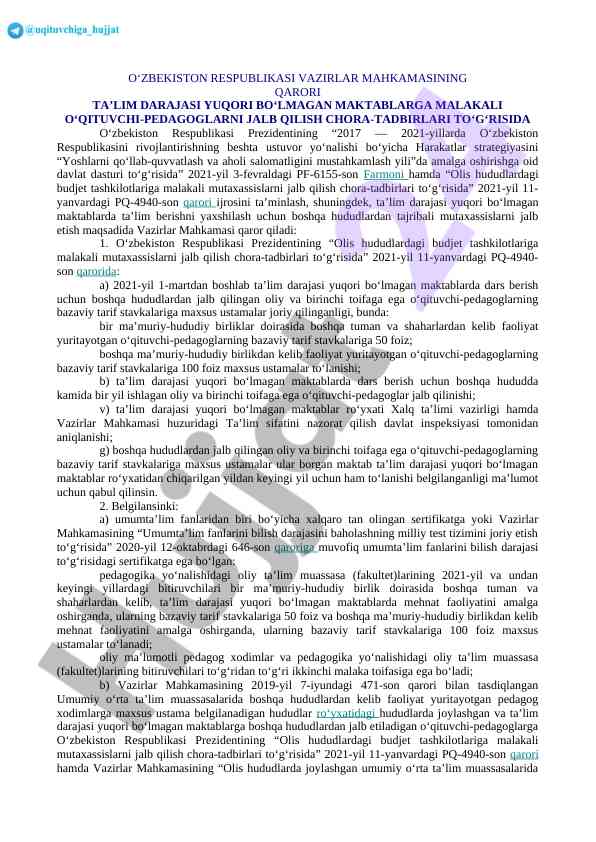 Malakali o'qituvchilarni jalb qilish tadbirlari