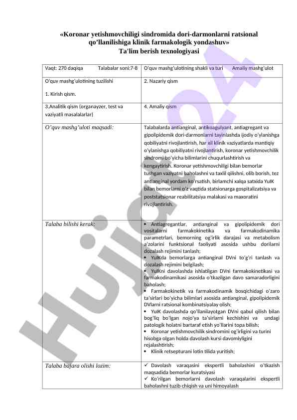 Koronar yetishmovchiligi sindromida dori qo’llanilishi