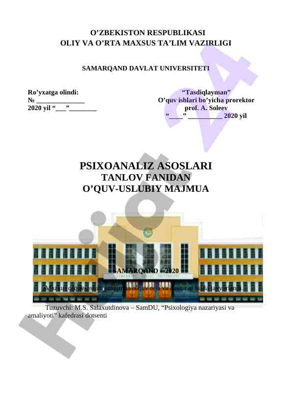 Psixoanaliz asoslari o'quv-uslubiy majmua