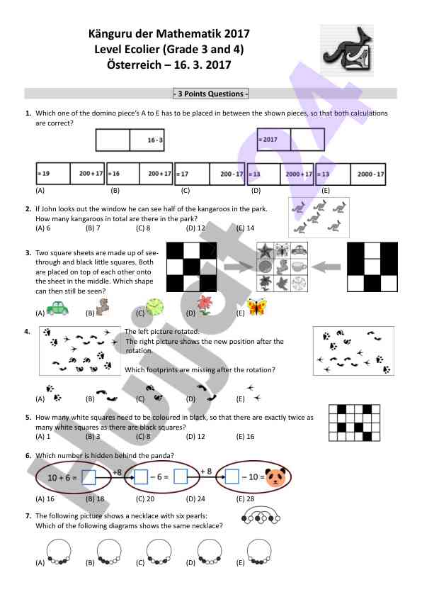 Känguru der mathematik 2017 level ecolier test questions