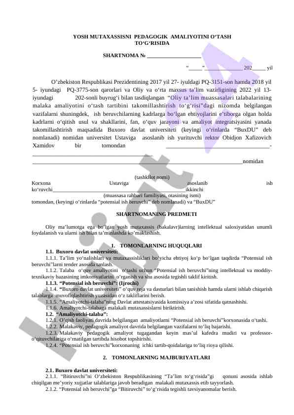Yosh mutaxassisni pedagogik amaliyoti uchasiga shartnoma