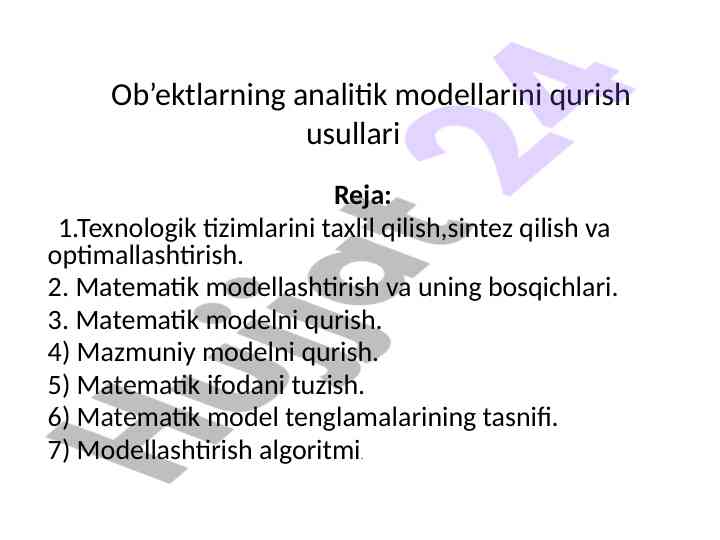 Ob’ektlarning analitik modellarini qurish usullari