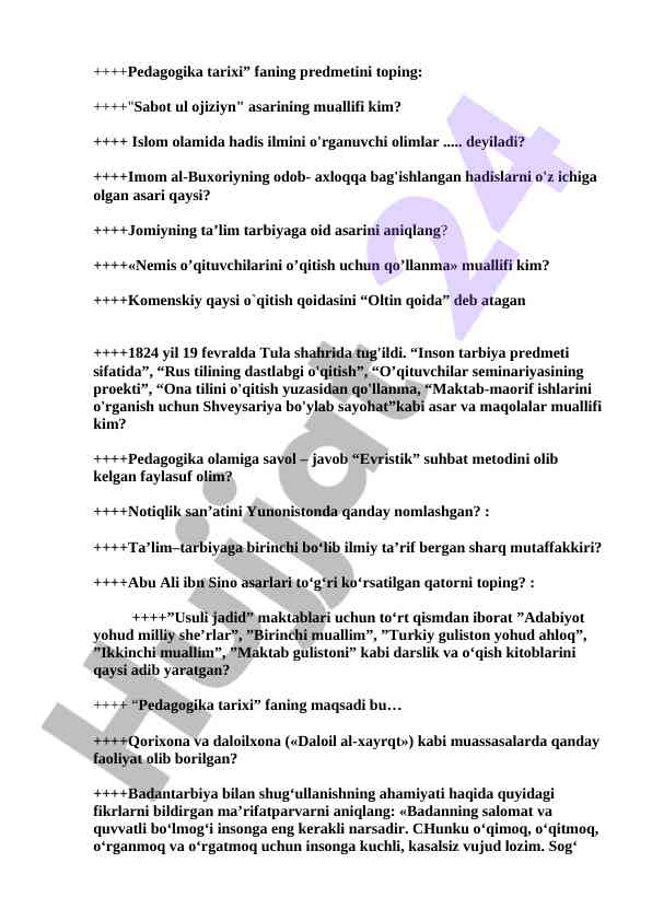 Pedagogika tarixi fanida savollar va javoblar