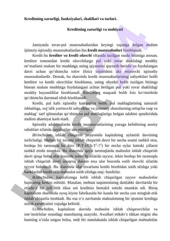 Kreditning zarurligi va funksiyalari bo‘yicha tahlil