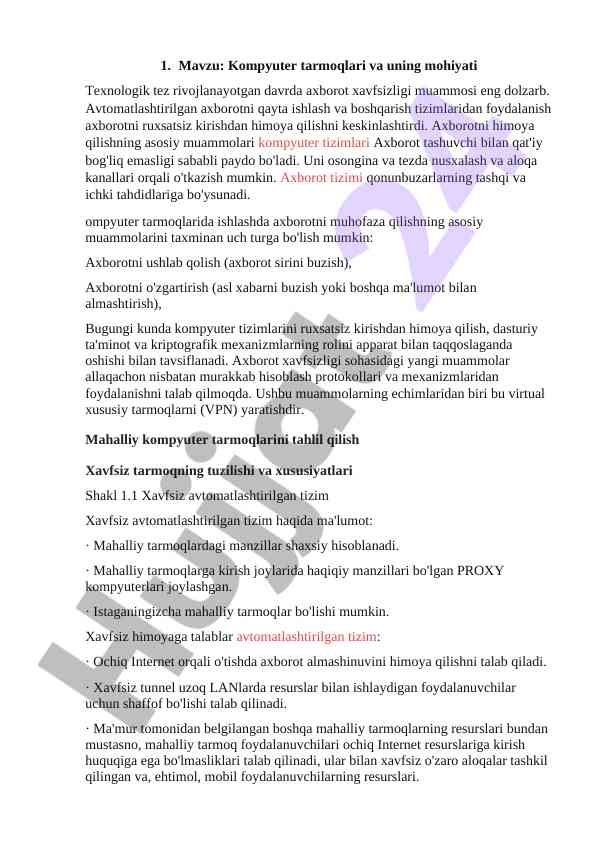 Kompyuter tarmoqlari va axborot xavfsizligi muammolari