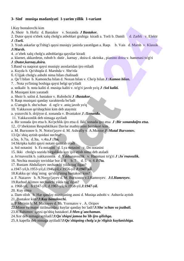 3-sinf musiqa madaniyati 1-yarim yillik variant