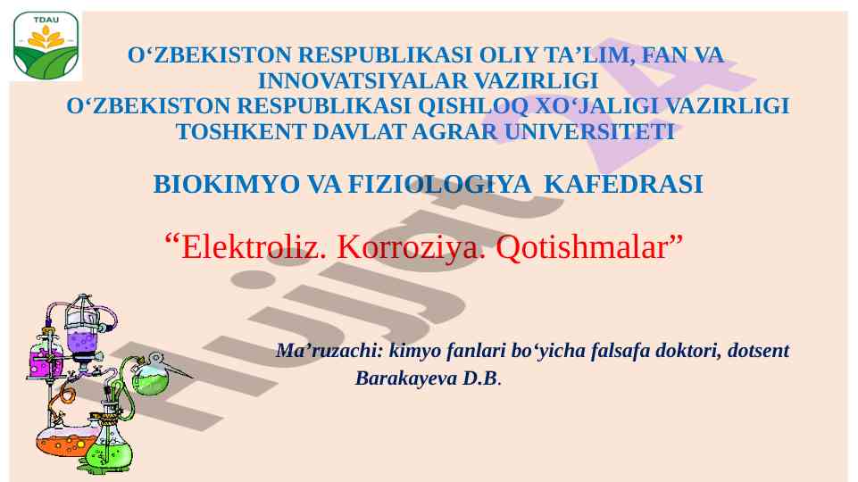 Elektroliz va korroziya haqida dars ishlanmasi