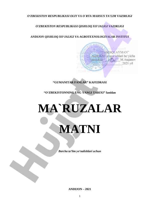 O‘zbekistonning eng yangi tarixi fanidan ma`ruzalar