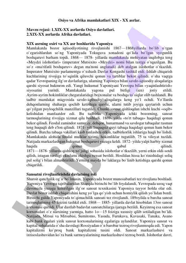 Osiyo va afrika mamlakatlari xix xx asrlar tahlili