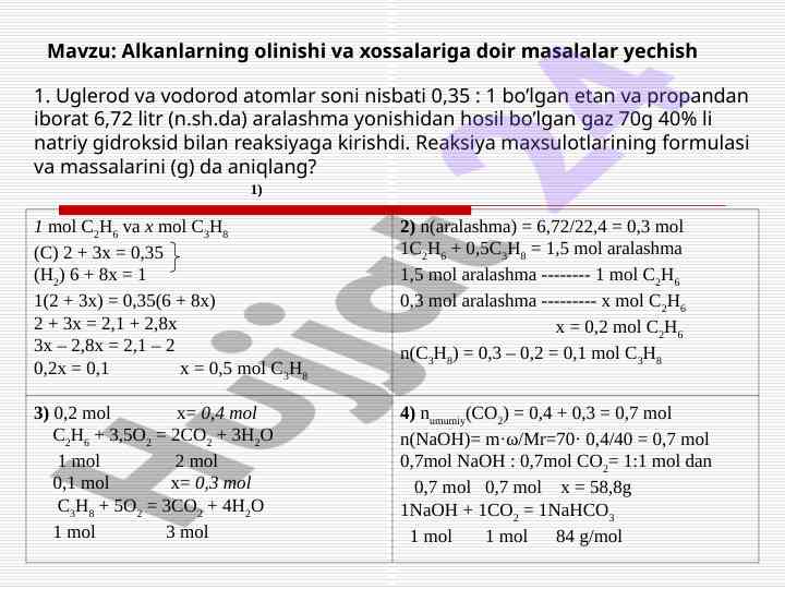 Alkanlarning olinishi va xossalari masalalari