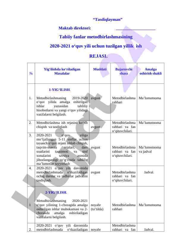 Yillik ish rejasi tabiiy fanlar metodbirlashmasi