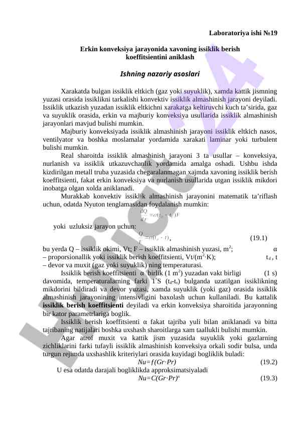 Erkin Konveksiya Jarayonida Xavoning Issiklik Koeffitsienti