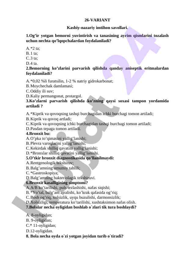 Kasbiy-nazariy imtihon savollari bemor parvarishi uchun
