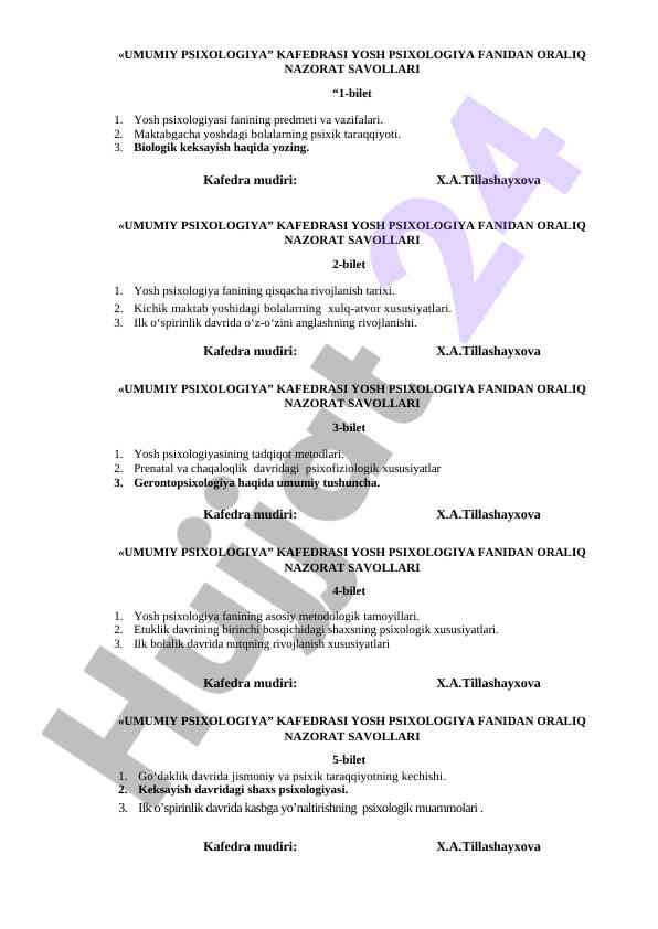 Yosh psixologiyasi fanidan oralqi nazorat savollari
