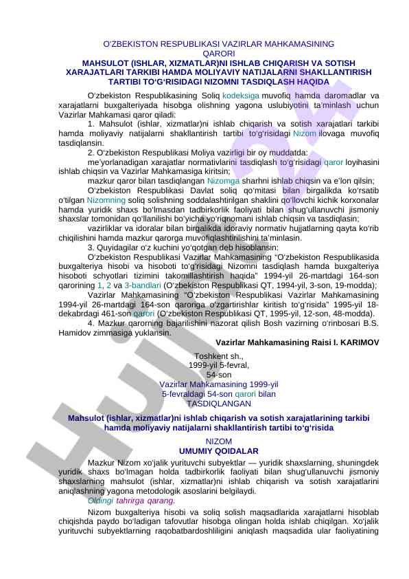 O‘zbekiston respublikasi vazirlar mahkamasining qarori
