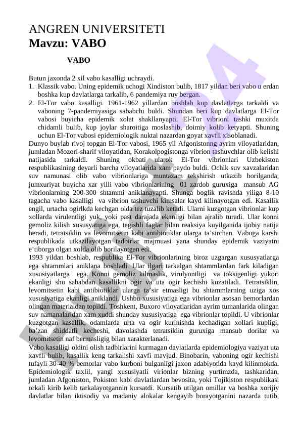 Vabo kasalligi va uning epidemik holati