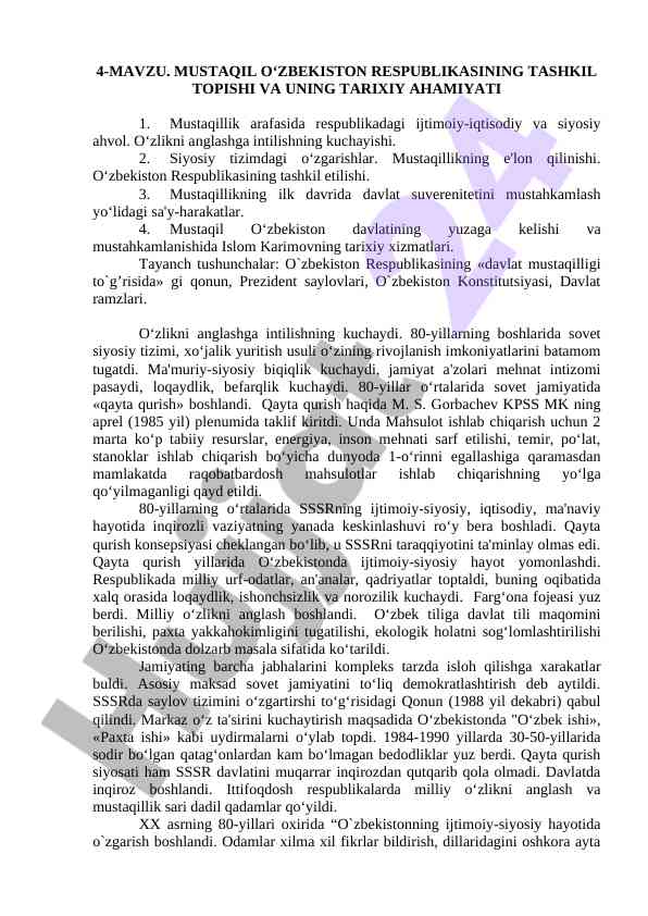 Mustaqil o'zbekiston respublikasi tarixiy ahmiyati