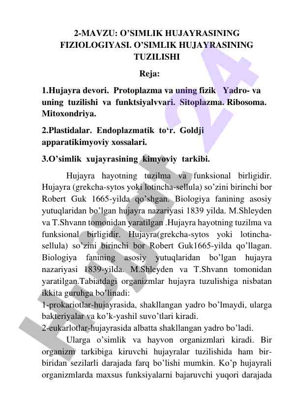 O’simlik hujayrasining tuzilishi va fiziologiyasi