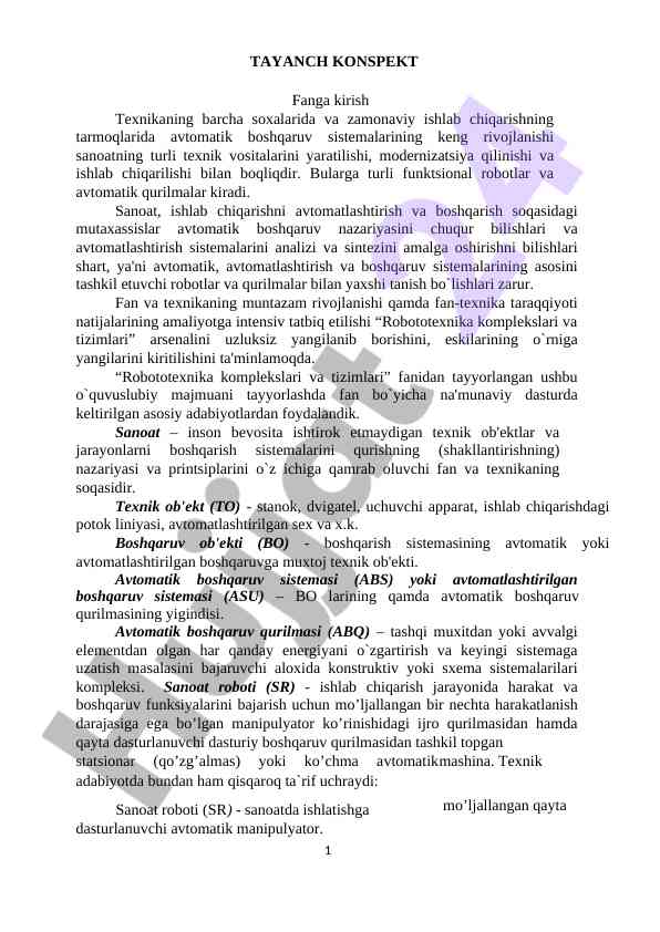 Avtomatik boshqaruv tizimlari va robototexnika