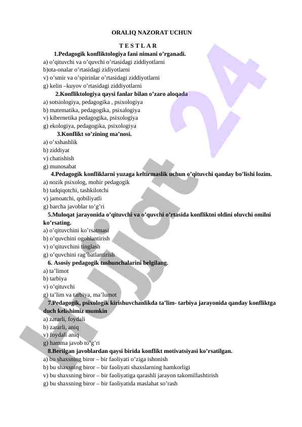 Oraliq nazorat uchun testlar bilan tanishing