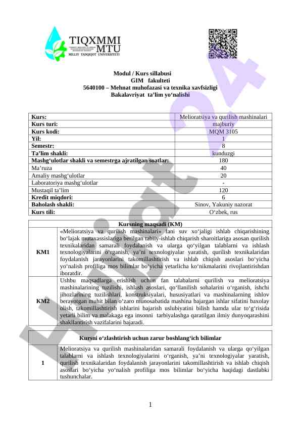 Melioratsiya Va Qurilish Mashinalari Kursi