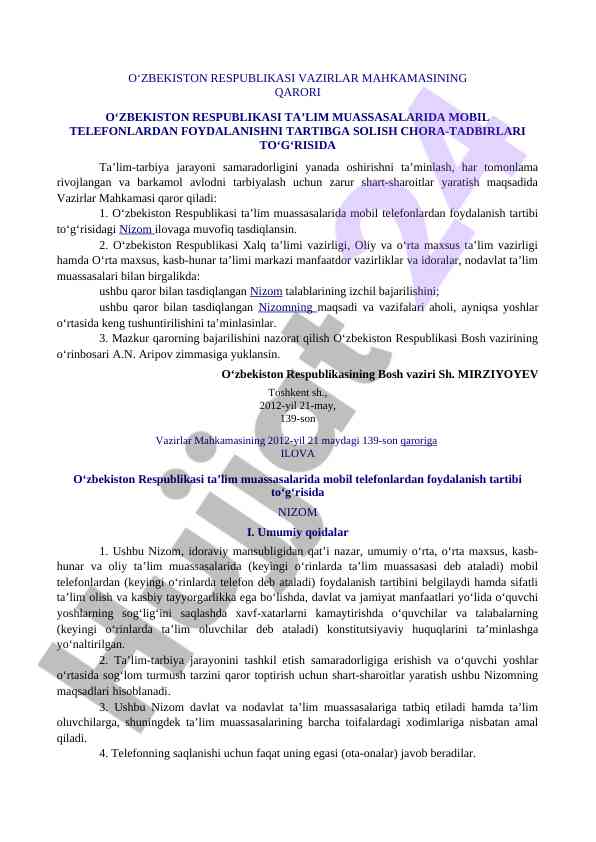 Ta’lim muassasalarida mobil telefonlardan foydalanish tartibi