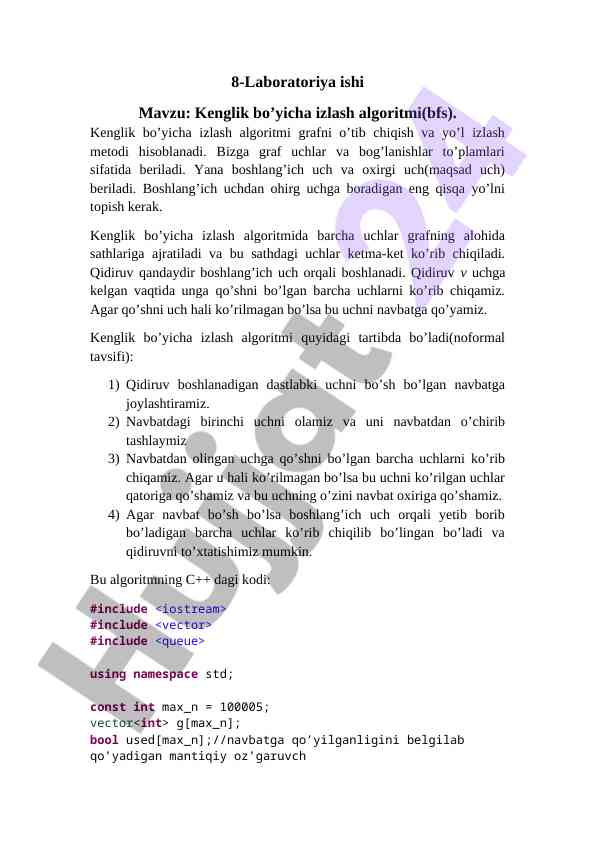 Kenglik bo’yicha izlash algoritmi tahlili