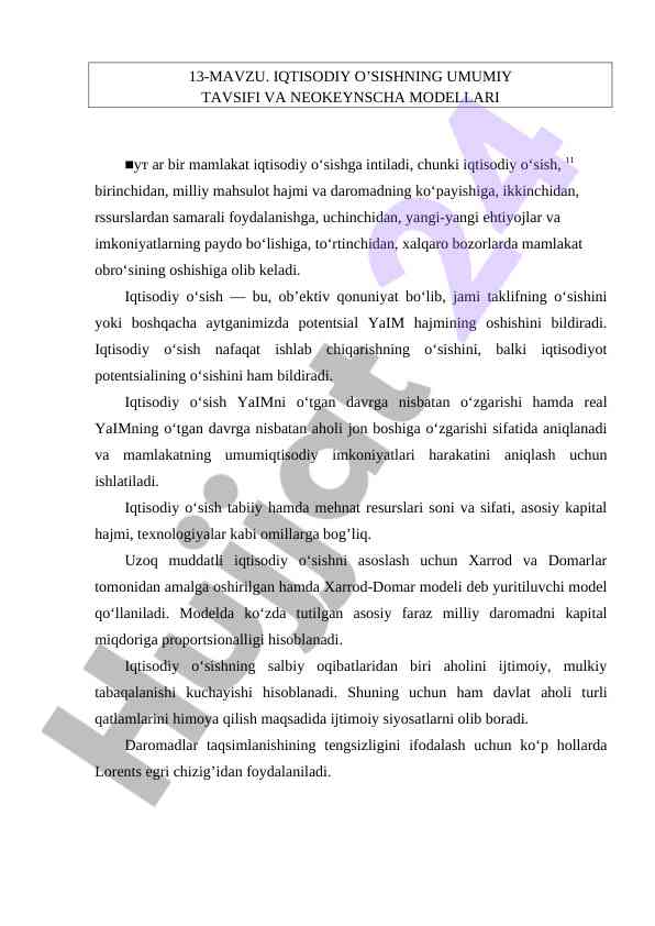 Iqtisodiy O'sishning Umumiy Tavsifi