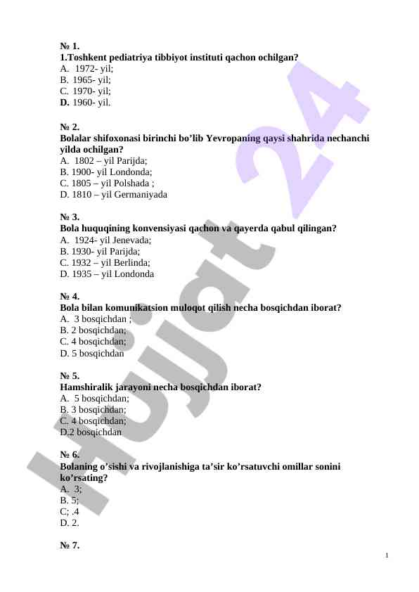 Bolalar tibbiyoti bo‘yicha test savollari