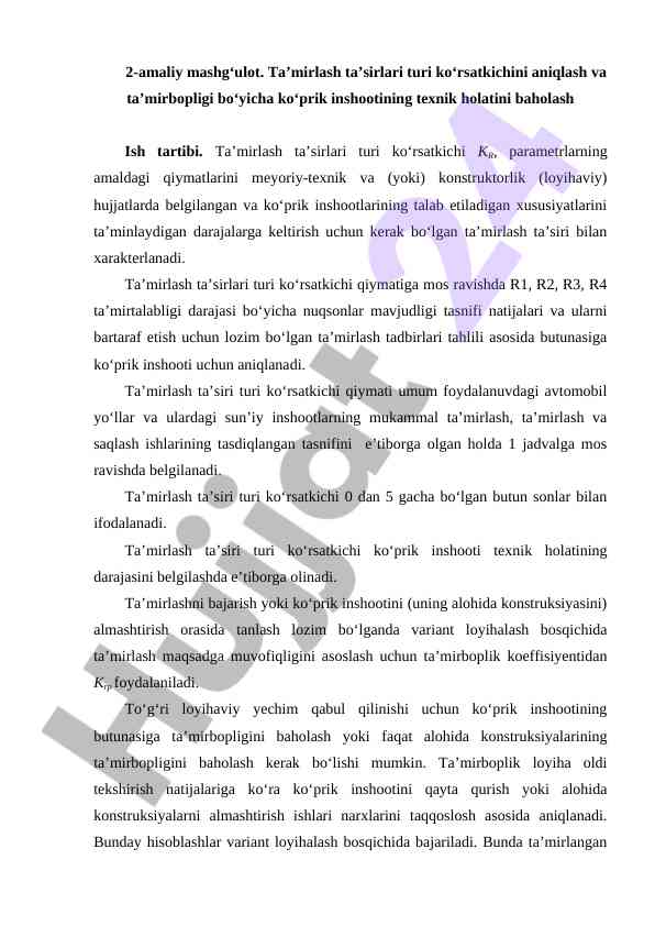 Ta'mirlash ta'sirlari turi ko'rsatkichini aniqlash
