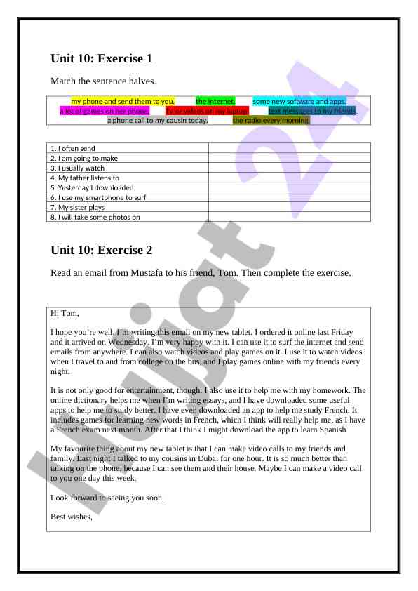 Unit 10 email reading comprehension exercise