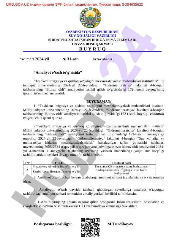Gidromelioratsiya fakulteti talabalari amaliyoti