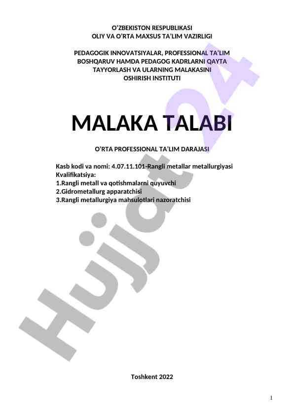 Rangli metallurgiya kasbi uchin malaka talabi
