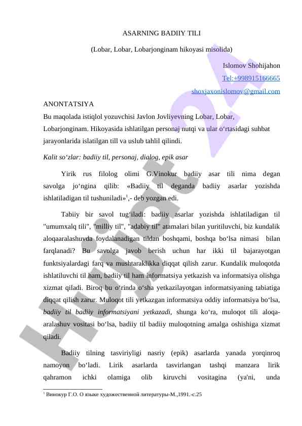 Badiiy til va personaj nutqi tahlili