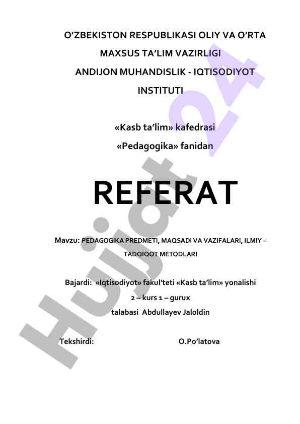 Pedagogika fanidan referat mavzulari va tadqiqotlar