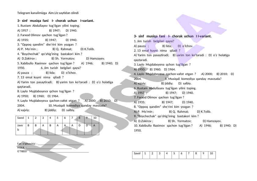 3-sinf musiqa fani i-chorak test varianti