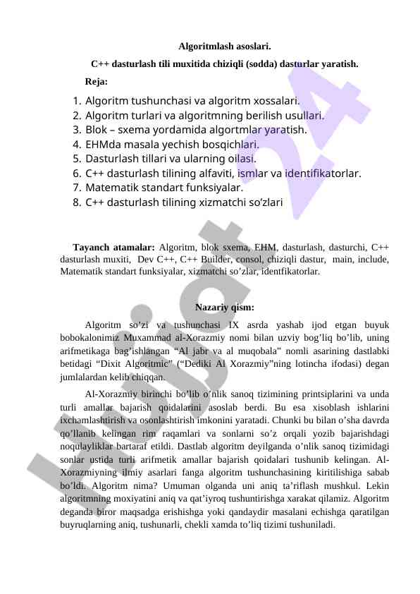 Algoritmlar va dasturlash tillarining asoslari