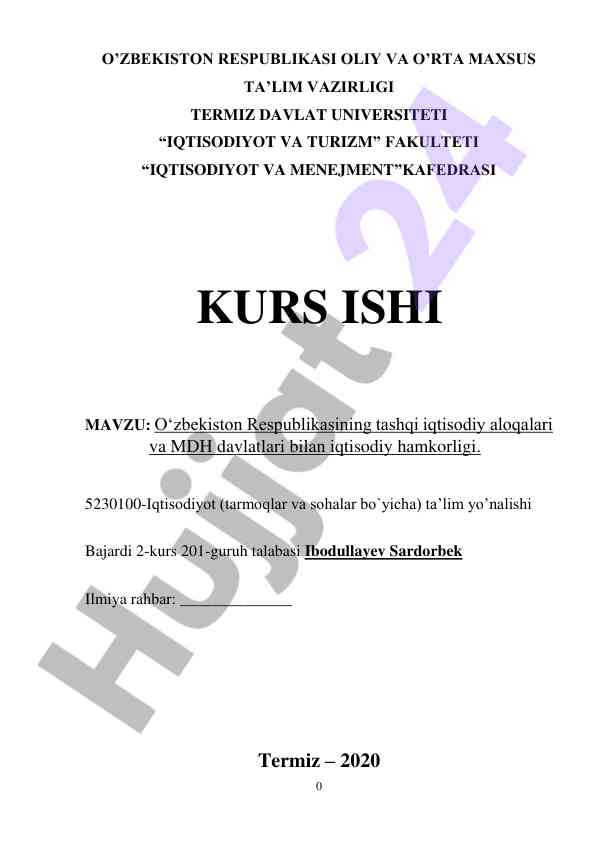 O‘zbekiston tashqi iqtisodiy aloqalari va mdh