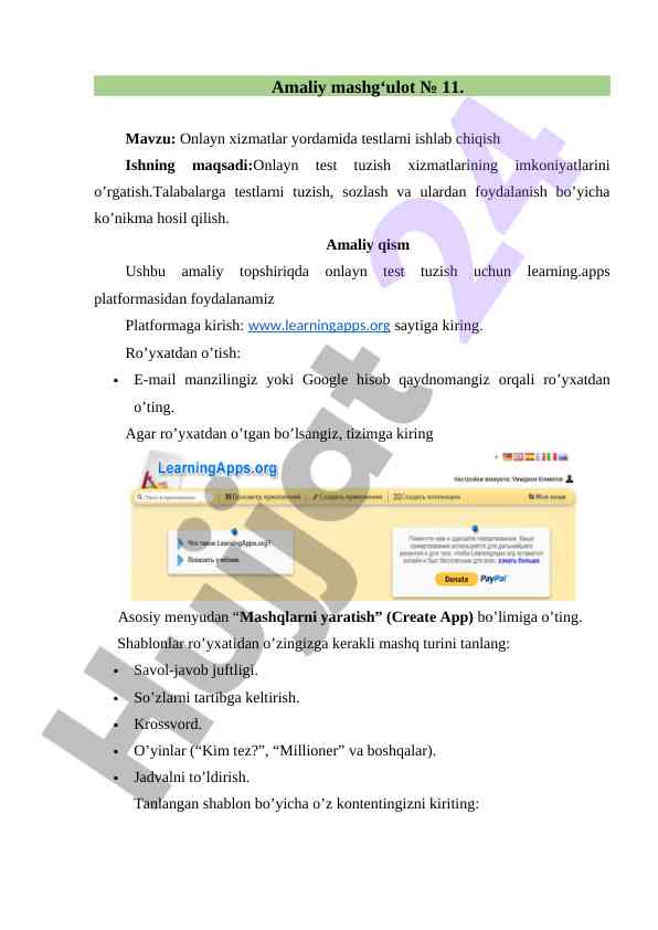 Onlayn xizmatlar yordamida testlarni ishlab chiqish