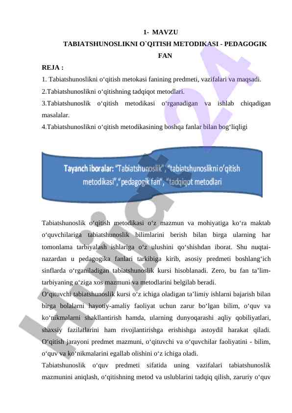 Tabiatshunoslikni o‘qitish metodikasiga doir masalalar