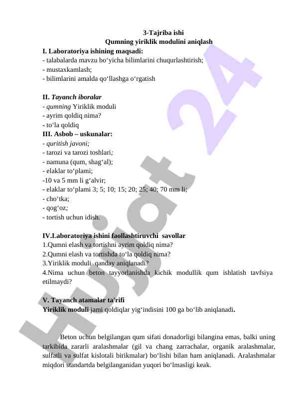 Qumning Yiriklik Modulini Aniqlash Laboratoriya Ishi