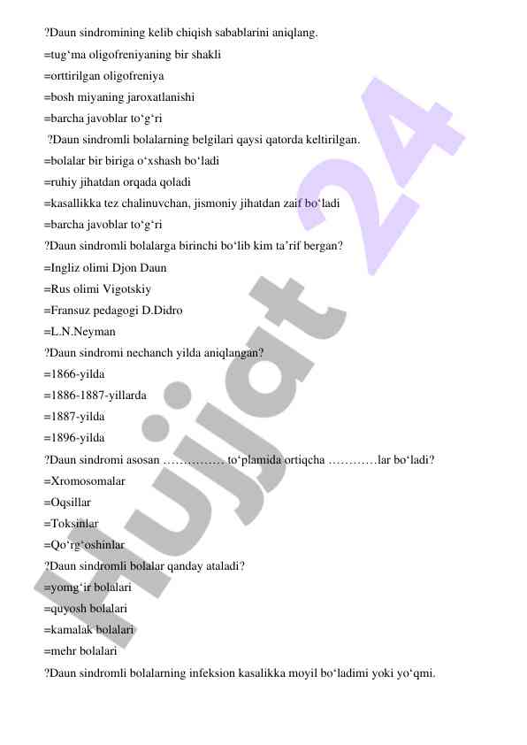 Daun sindromi haqida test savollari