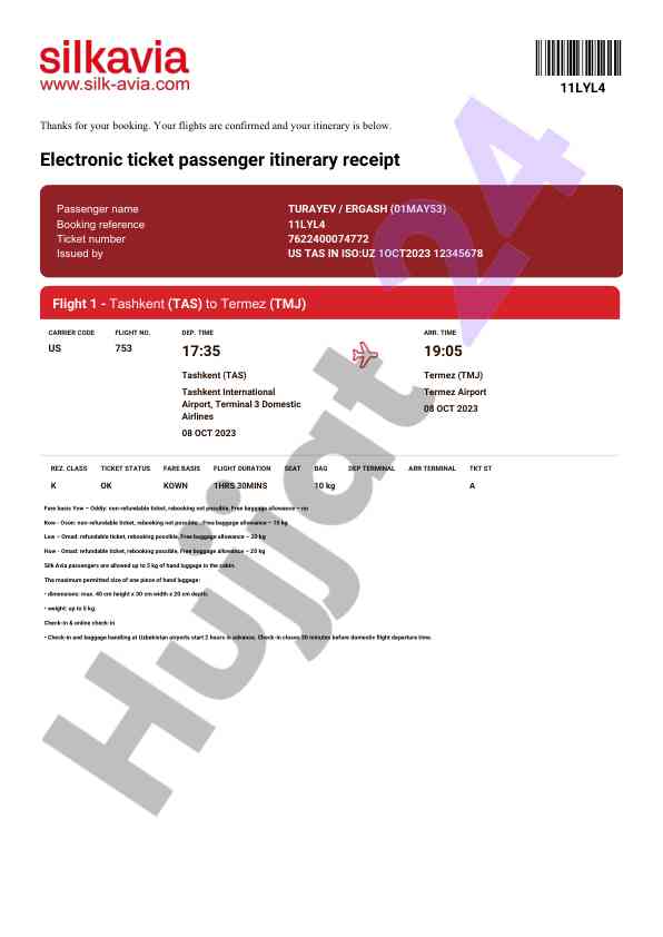 Flight itinerary confirmation document