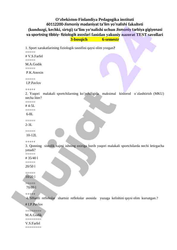 Jismoniy tarbiya fanidan yakuniy nazorat test savollari