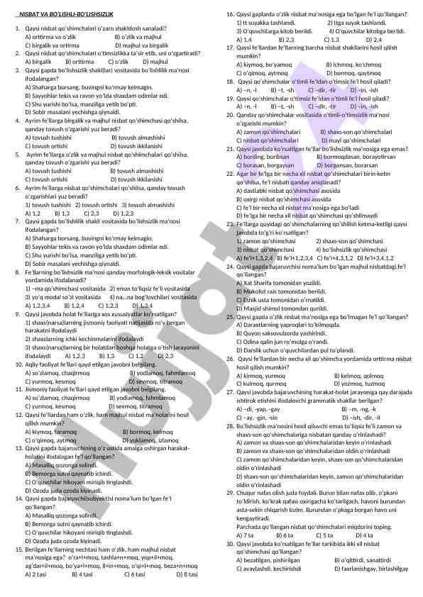 Nisbat qo’shimchalari va bo’lishlilik savollari