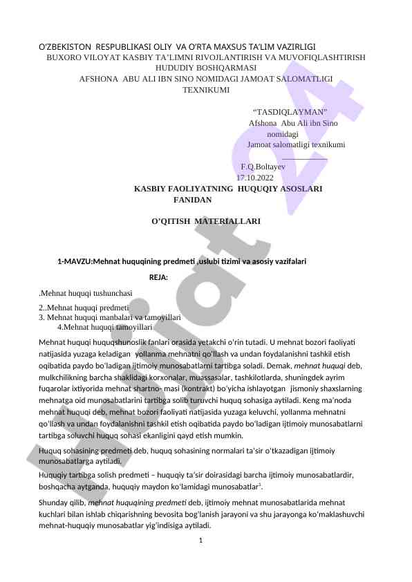 Mehnat huquqi uslubi va asosiy vazifalari