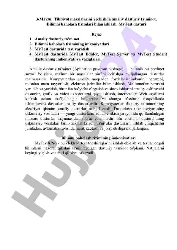Tibbiyot masalalarini yechishda amaliy dasturiy ta'minot