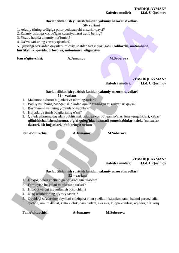Davlat tilidan yakuniy nazorat savollari