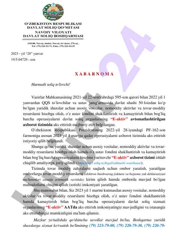O‘zbekiston soliq tizimida e-aktiv qoidalari
